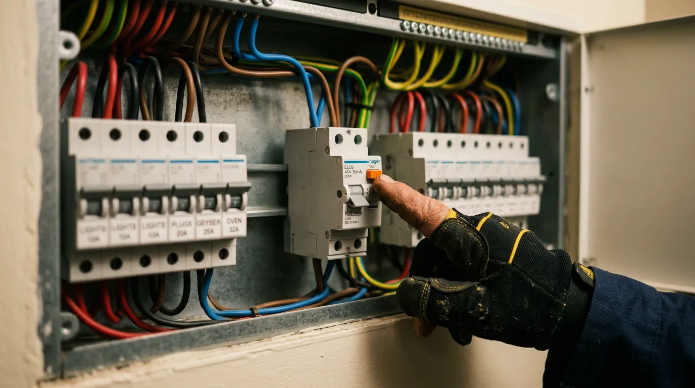 Electrician testing earth leakage unit in a South African DB board
