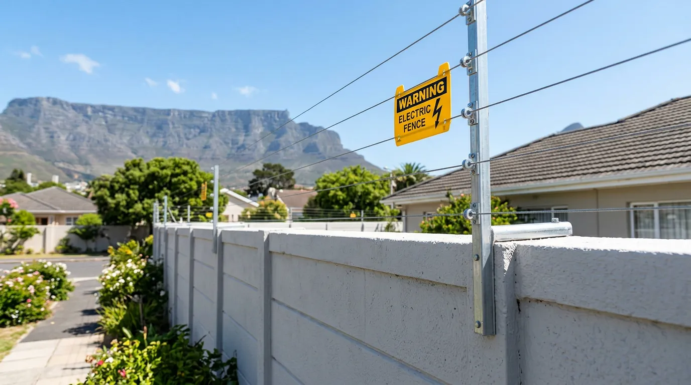 Electric fence installation on a residential wall in Cape Town with Table Mountain