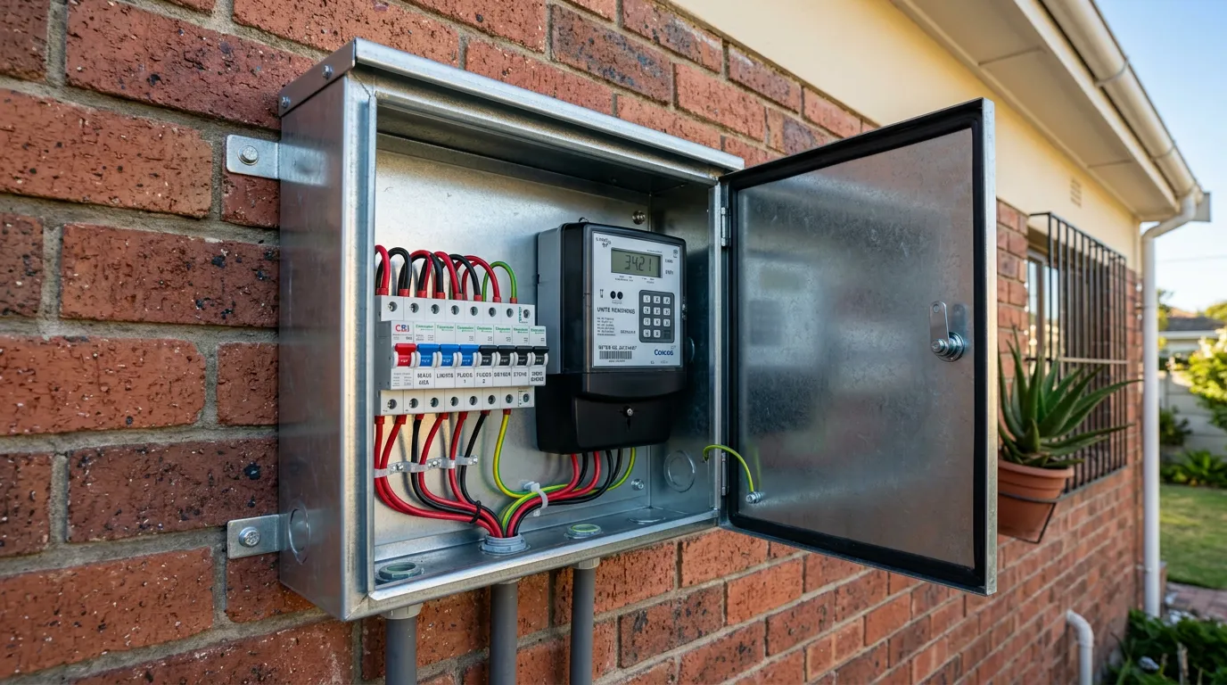 New galvanised steel meter box with prepaid meter installed on a South African home