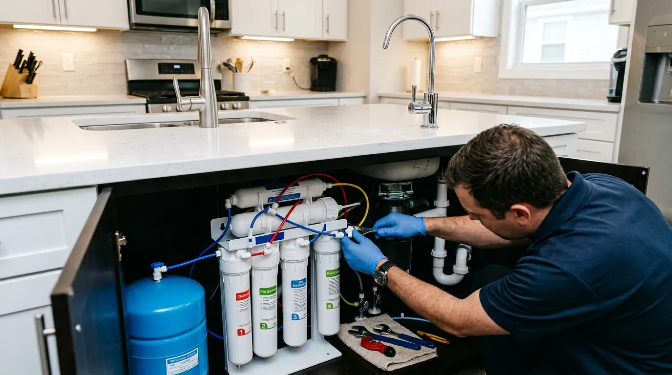 Under-sink reverse osmosis water filtration system in a Cape Town kitchen