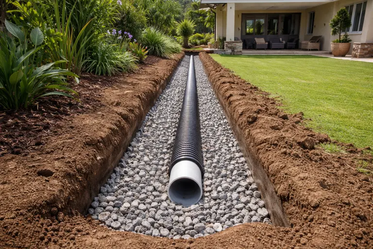 French drain installation trench with gravel and perforated pipe in Cape Town garden