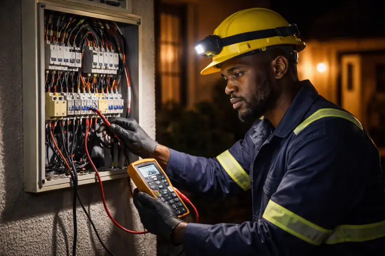 Electrician using a multimeter for electrical testing in Cape Town